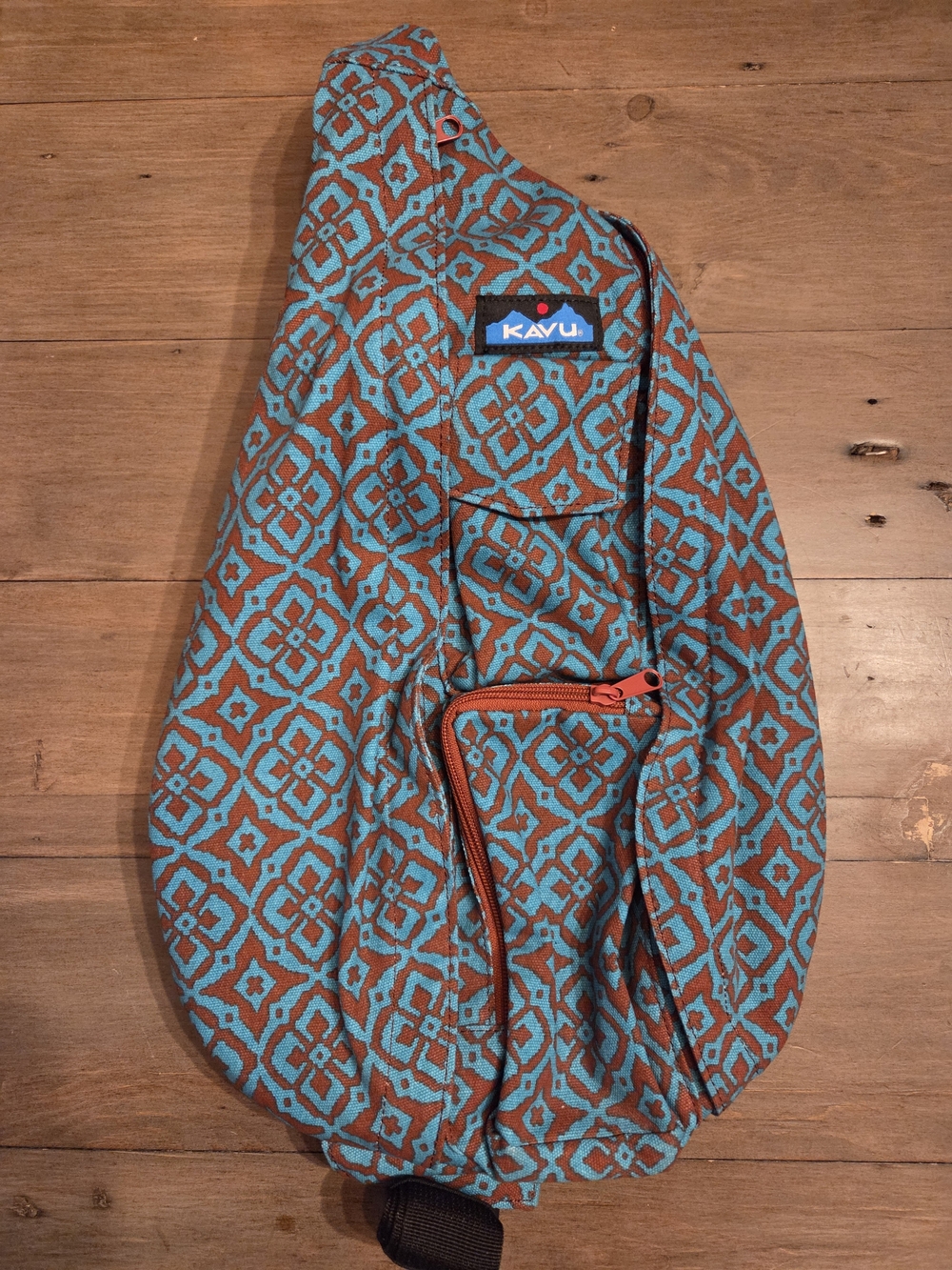 KAVU Original Rope Bag Desert Mosaic Canvas Sling Crossbody Backpack Blue Brown